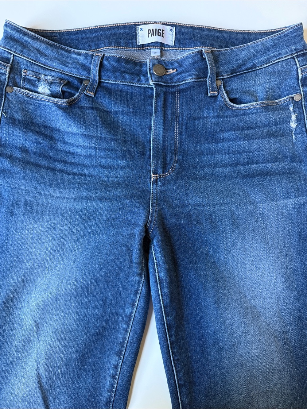 PAIGE Kylie Crop Raw HemMedium Blue Skinny Jeans with Subtle Distress
